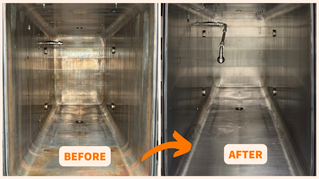 Before and after derouging a steam autoclave machine from rouge formation.